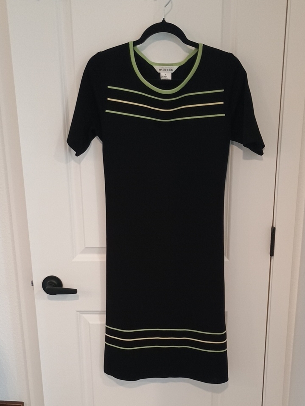 Misook Black Dress with Lime Stripe Trim
